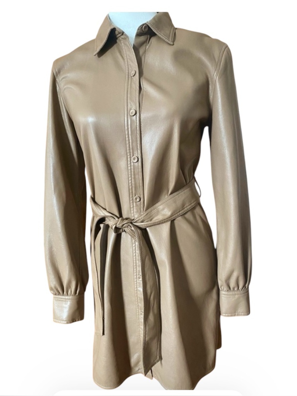 Wilfred Aritzia Caroline Vegan Leather Belted Mini Shirt Dress Taupe XS